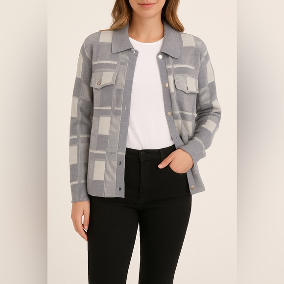Sioni Gray White Plaid Shacket Women’s XL | Button Front Long Sleeve Jacket - Picture 1 of 4